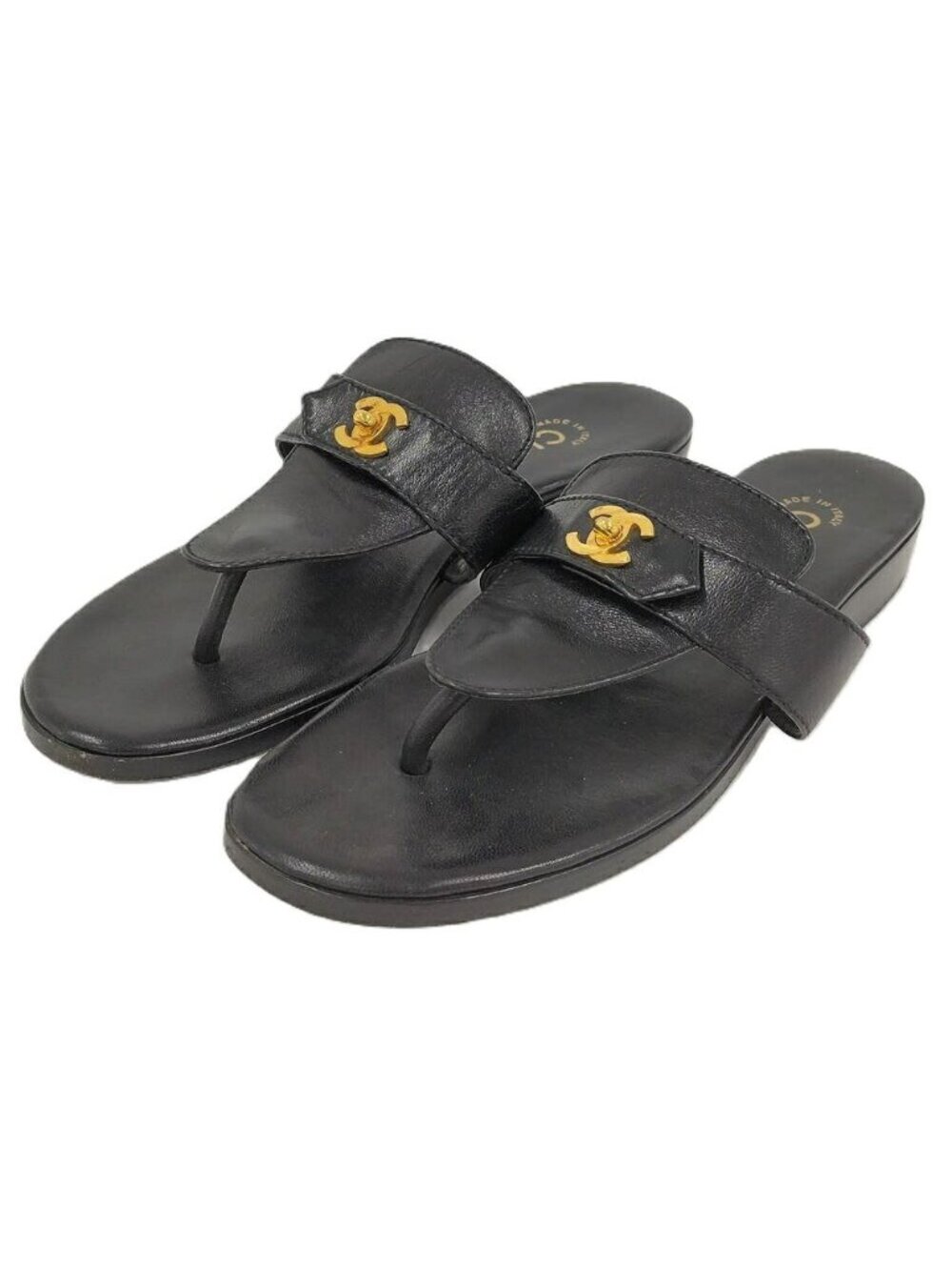 Chanel Thong Sandals Turnlock CC Logo Leather Gold